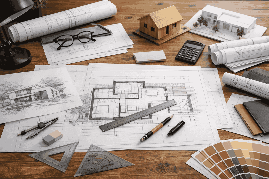 Architekt hält Baupläne in der Hand